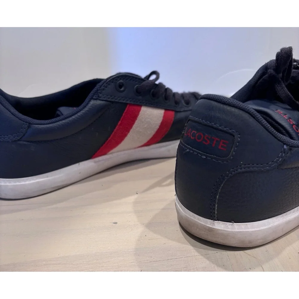 Lacoste Grad Vulc 120 2 P Mens Navy Blue Leather Striped Sneakers Size 8 Preppy